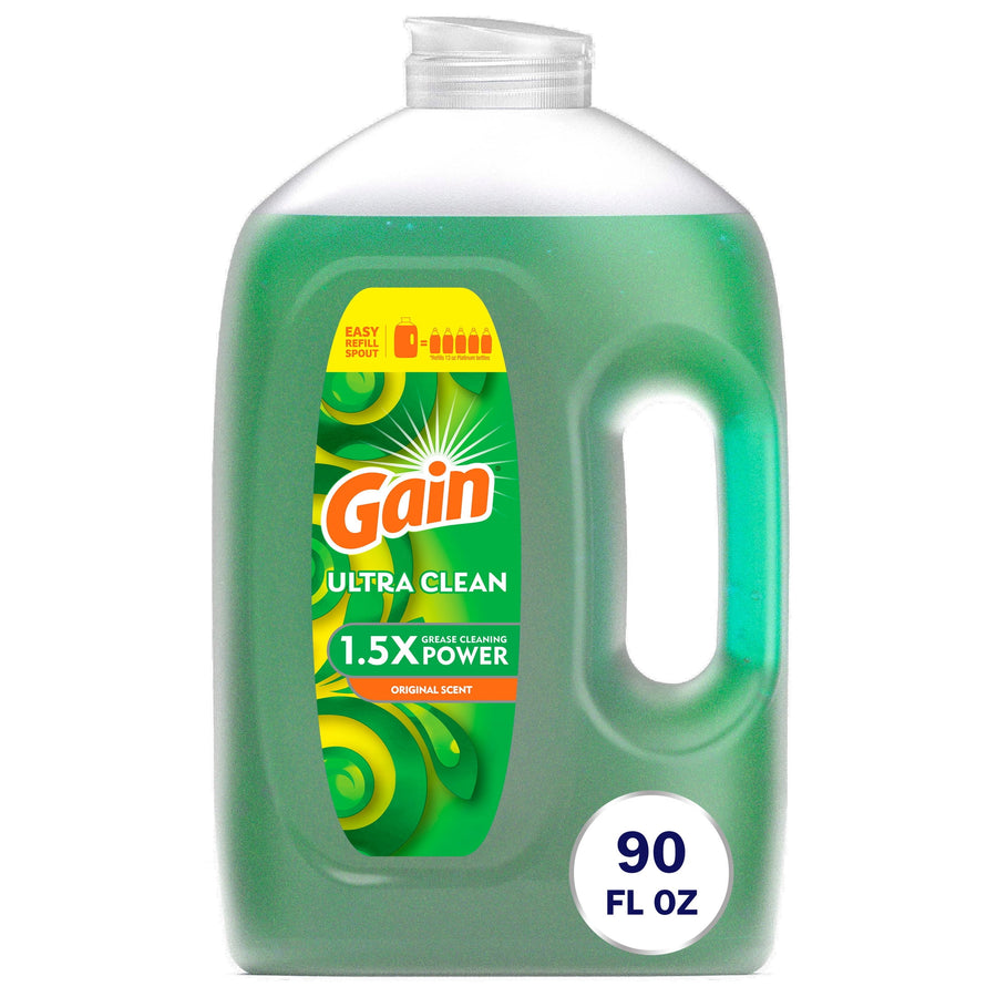 Large green Gain Ultra Clean dishwashing liquid jug with label showing 1.5X grease cleaning power and 90 fl oz badge