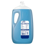 Rear view of a translucent blue Gain Ultra Clean dish soap jug showing the product label and ingredient panel