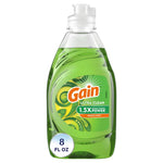 Clear green Gain Ultra Clean dish soap bottle with front label and 8 fl oz badge