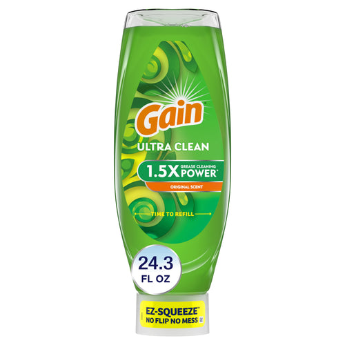 Gain Ultra Clean EZ-Squeeze dishwashing liquid bottle in green Original Scent, front label visible with 24.3 fl oz callout