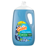 Front-facing translucent jug of Gain Ultra Clean dish soap with blue liquid and Honey Berry Hula label on white background