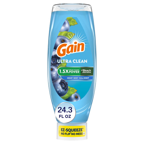 Upside-down blue Gain Ultra Clean EZ‑Squeeze dish soap bottle with blueberry graphics and 24.3 fl oz label