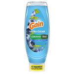 Isolated upside-down blue Gain Ultra Clean EZ‑Squeeze bottle showing front label with blueberry imagery and EZ‑Squeeze cap