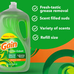 Partial view of a green Gain Ultra Clean refill jug beside infographic text listing grease removal and refill size benefits