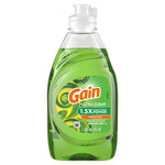 Studio front view of Gain Ultra Clean dish soap bottle showing label and green liquid inside