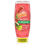 Upside-down Gain Ultra Clean dishwashing bottle in summer watermelon scent with EZ-SQUEEZE cap on white background.
