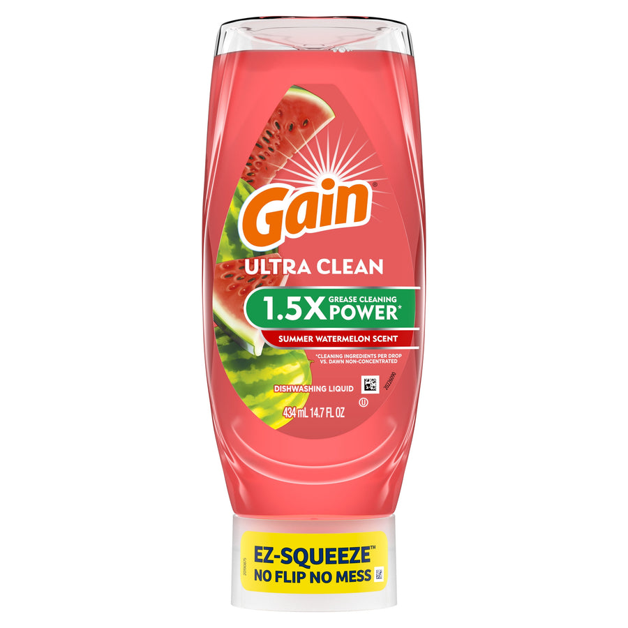 Upside-down Gain Ultra Clean dishwashing bottle in summer watermelon scent with EZ-SQUEEZE cap on white background.