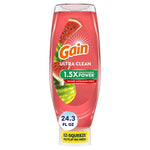 Upside-down Gain Ultra Clean dishwashing bottle in pink watermelon scent with EZ-Squeeze cap and watermelon graphics