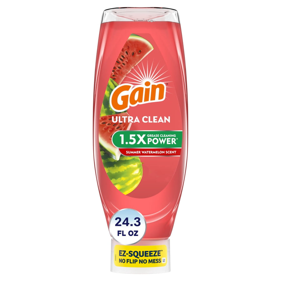 Upside-down Gain Ultra Clean dishwashing bottle in pink watermelon scent with EZ-Squeeze cap and watermelon graphics
