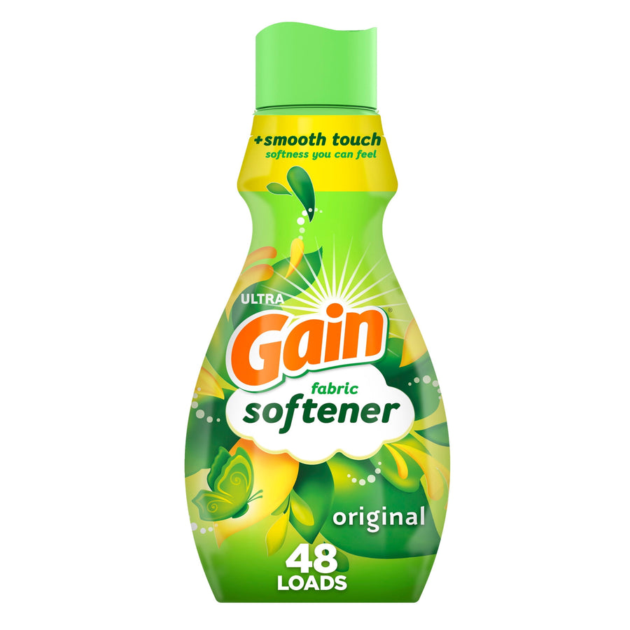 Green Gain Ultra fabric softener bottle with floral graphic and 'original' label showing 48 loads