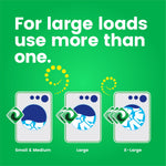 Green sizing graphic advising 'For large loads use more than one' showing three washing machine icons labeled small/medium, large, X-large