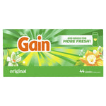 Wide banner-style image of Gain packaging with green rays, floral accents and 'add beads for more fresh' callout