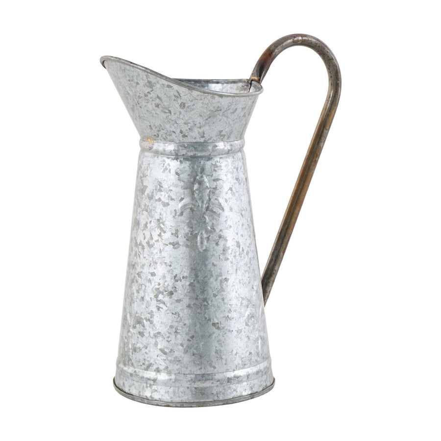 Galvanized metal pitcher with tall tapered body and curved brown metal handle