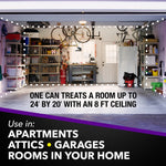 Interior room scene (garage) with overlay text explaining one can treats a room up to 24' by 20' with 8 ft ceiling and suggested uses