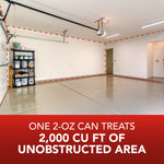 Garage interior photo with red dotted outline and text 'One 2-oz can treats 2,000 cu ft of unobstructed area'