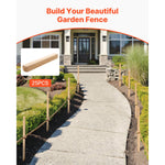 Pathway edged with wooden stakes and rope forming a garden fence with inset showing bundled stakes and 25PCS label