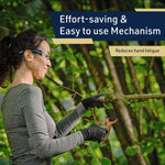 Woman wearing safety glasses and gloves using orange pruning shears outdoors with overlay text about effort-saving mechanism
