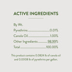 Product information panel listing active ingredients by weight including pyrethrins and canola oil and total composition percentages.