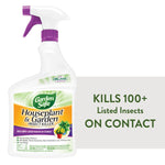 Garden Safe Houseplant & Garden Insect Killer spray bottle with purple trigger and label on white background, paired with 'Kills 100+ listed insects on contact' text.