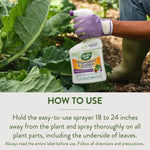Gloved hand holding and spraying a Garden Safe bottle onto leafy plants in a garden, with a 'How to Use' instructional text panel below.