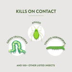 Illustrated infographic showing three pests (aphids, green fruitworms, tomato hornworms) with headline 'Kills on Contact' and supporting text.