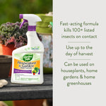 Garden Safe spray bottle shown in a garden setting next to potted plants with a text panel listing fast-acting, houseplant and garden uses.