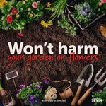Soil and garden tools background graphic with text stating “Won’t harm your garden or flowers” and garden imagery.