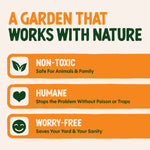Feature panel reading 'A Garden That Works With Nature' with orange bars listing 'Non-Toxic', 'Humane', and 'Worry-Free'.