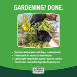 Green infographic titled 'GARDENING? DONE.' showing gloved hands pruning and a bullet list of glove features with brand logo