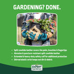 Green promotional panel with inset photo of a child holding a potted plant while wearing teal-and-tan gardening gloves and bulleted feature text.