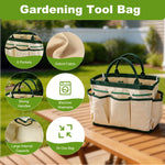 Product infographic of a canvas gardening tool bag with callouts for eight pockets, strong handles and washable fabric