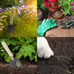Four-panel collage showing trowel in soil, gardening gloves with pruners, close-up trowel and hand using rake