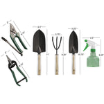 Tool size diagram showing measurements for trowels, rake, pruners and spray bottle