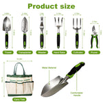Graphic showing dimensions and labels for trowel, transplanter, weeder, hand rake, cultivator, pruner and a carry tote