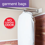 Hanging garment bag on closet rod with red ‘NO CLINGING ODOR’ badge and ‘garment bags’ header