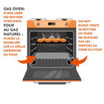 Instructional illustration for gas ovens showing a liner on the bottom rack and arrows warning not to block vents.