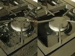 Before-and-after of a gas stove burner area with burnt-on spills left and a cleaned, glossy surface on the right