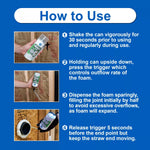 Instruction graphic titled 'How to Use' with photos and step-by-step directions for using the foam can.