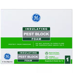 Retail-style GE Pest Block Foam box panel with brand logo and product name in green and white.