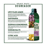 Informational infographic panel listing ingredients and benefits for Gear Hugger Heavy Duty Degreaser alongside partial product image.