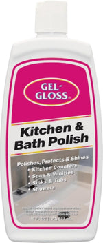Close-up product shot of a white Gel-Gloss Kitchen & Bath Polish bottle with label