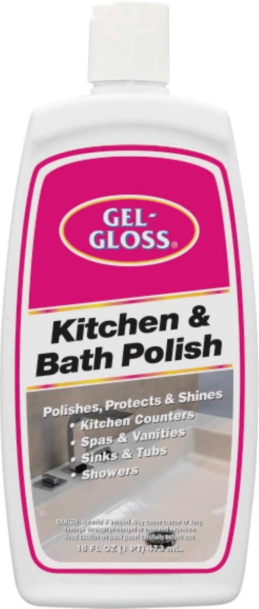 Close-up product shot of a white Gel-Gloss Kitchen & Bath Polish bottle with label