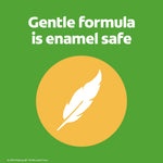 Yellow circle with a white feather icon and 'Gentle formula is enamel safe' text on green background