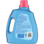 Rear view of blue Great Value Gentle Soft fabric softener bottle showing ingredient and usage text, barcode and product labels.