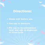 Directions panel for fabric softener on a blue background listing shake, use cap to measure and fill cap instructions.