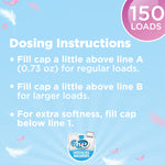 Blue background dosing instructions for Great Value Gentle Soft fabric softener with fill cap guidance and HE safe icon.