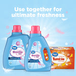 Promotional graphic showing two sizes of Great Value Gentle Soft fabric softener bottles and Tumble dryer sheets with 'Use together' headline.
