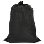 Genuine Joe black 42-gallon contractor trash bag, filled and tied at the top, on a white background
