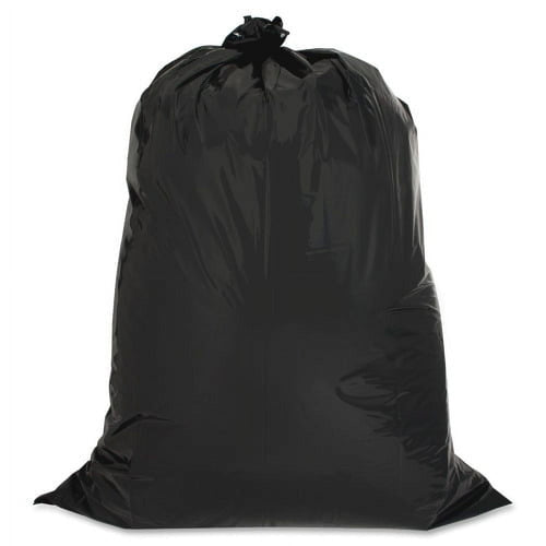 Genuine Joe black 42-gallon contractor trash bag, filled and tied at the top, on a white background