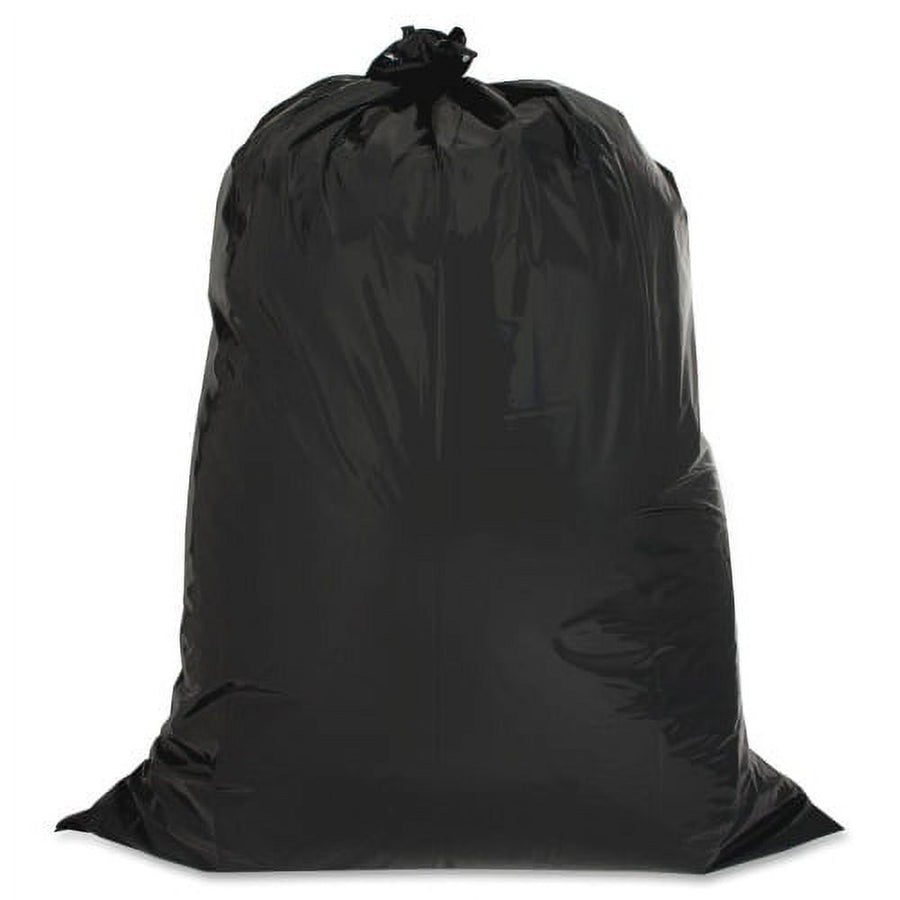 Genuine Joe black 42-gallon contractor trash bag, filled and tied at the top, on a white background